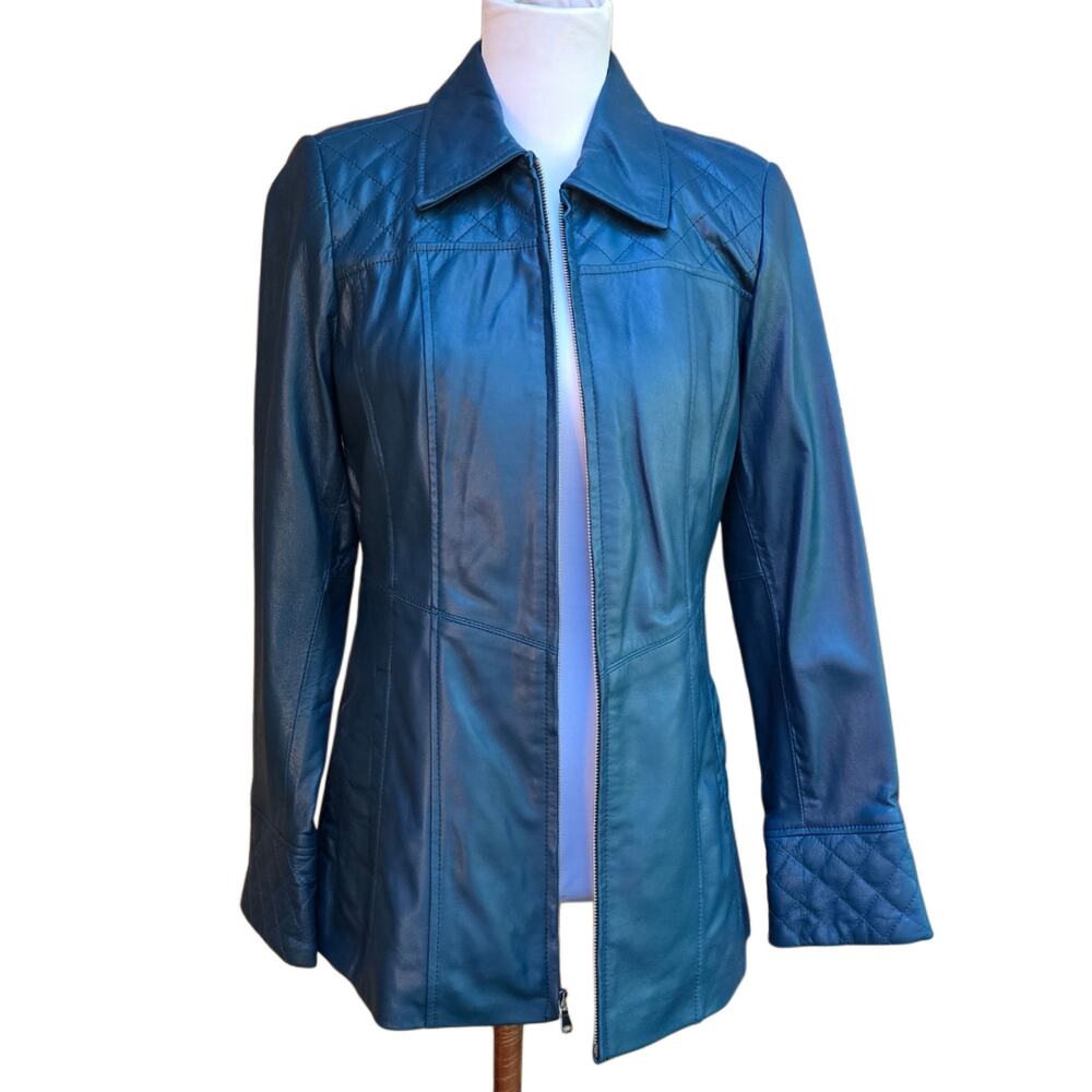Denim & Company Teal Blue Genuine Leather Jacket XS Quilted Zip Up Coat